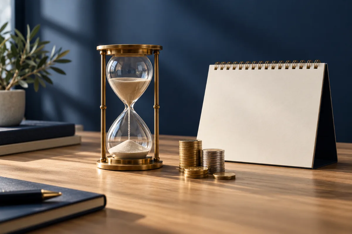Reloj de arena, monedas y calendario que ilustran el precio y el plazo del certificado de últimas voluntades